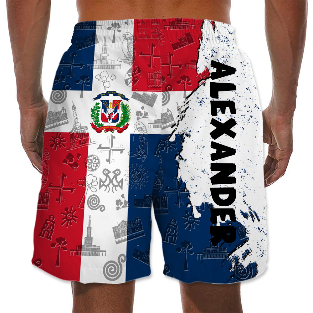 Dominican Half Flag With Grunge Brush Men's Personalized Beach Shorts