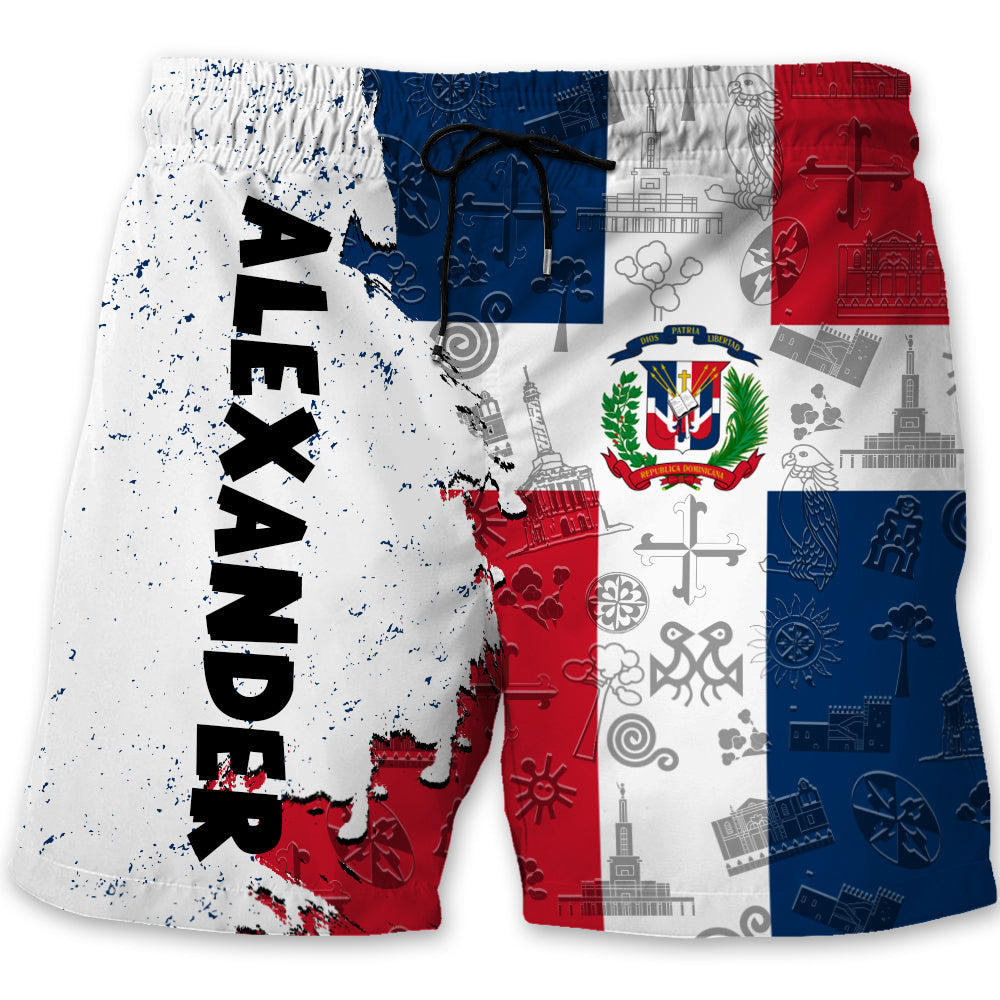 Dominican Half Flag With Grunge Brush Men's Personalized Beach Shorts