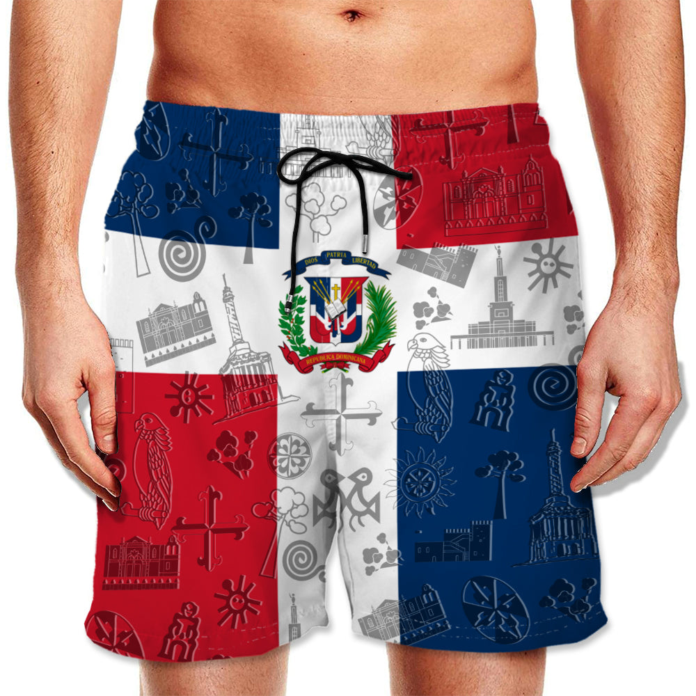 Dominican Men's Beach Shorts With Embedded Symbols