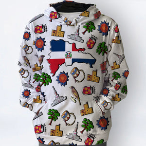 Dominican All Over Print Hoodie With Dominican Flag And Symbols