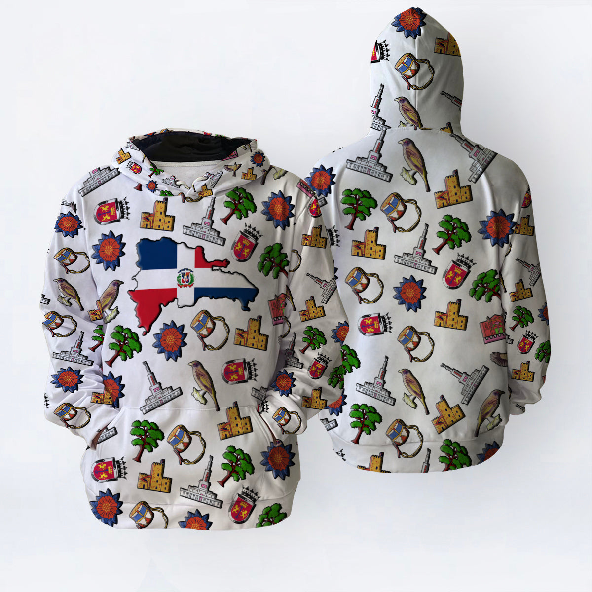 Dominican All Over Print Hoodie With Dominican Flag And Symbols