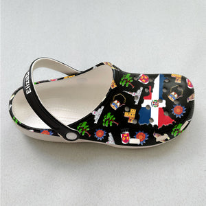 Dominican Customized Clogs Shoes With Dominican Flag And Symbols Black Background