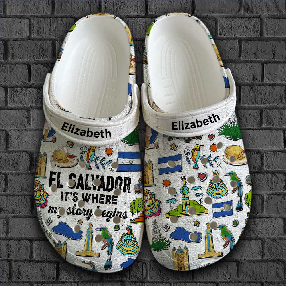 Custom El Salavador Clogs Shoes, El Salavador It's Where My Story Begins