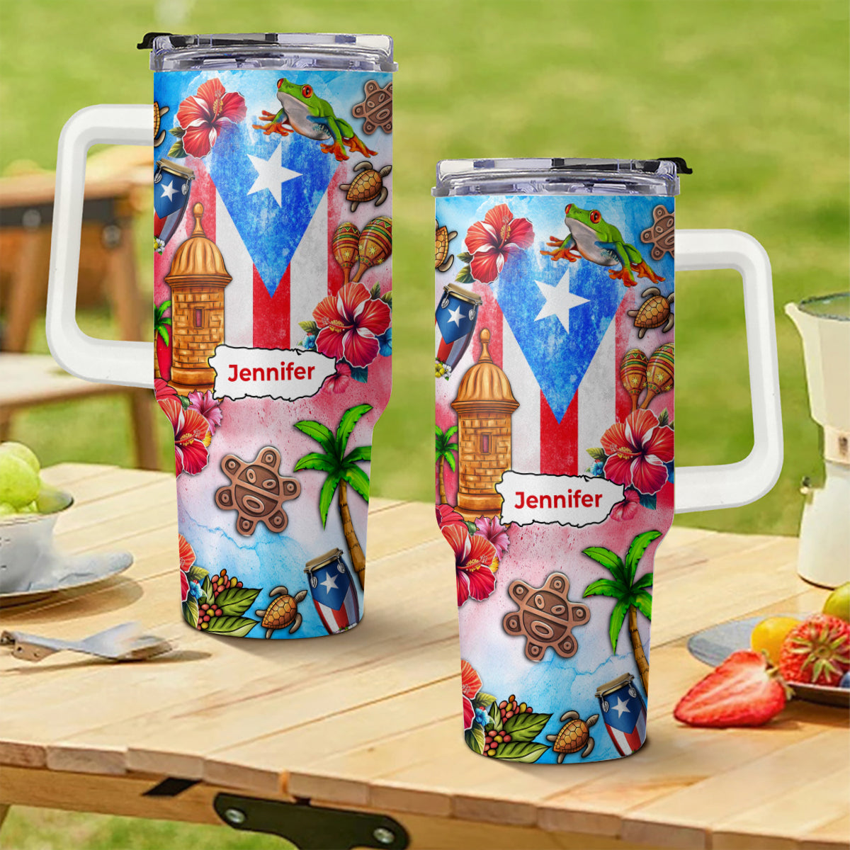 Custom Puerto Rico Tumbler 40oz With Water Color Background, Symbols