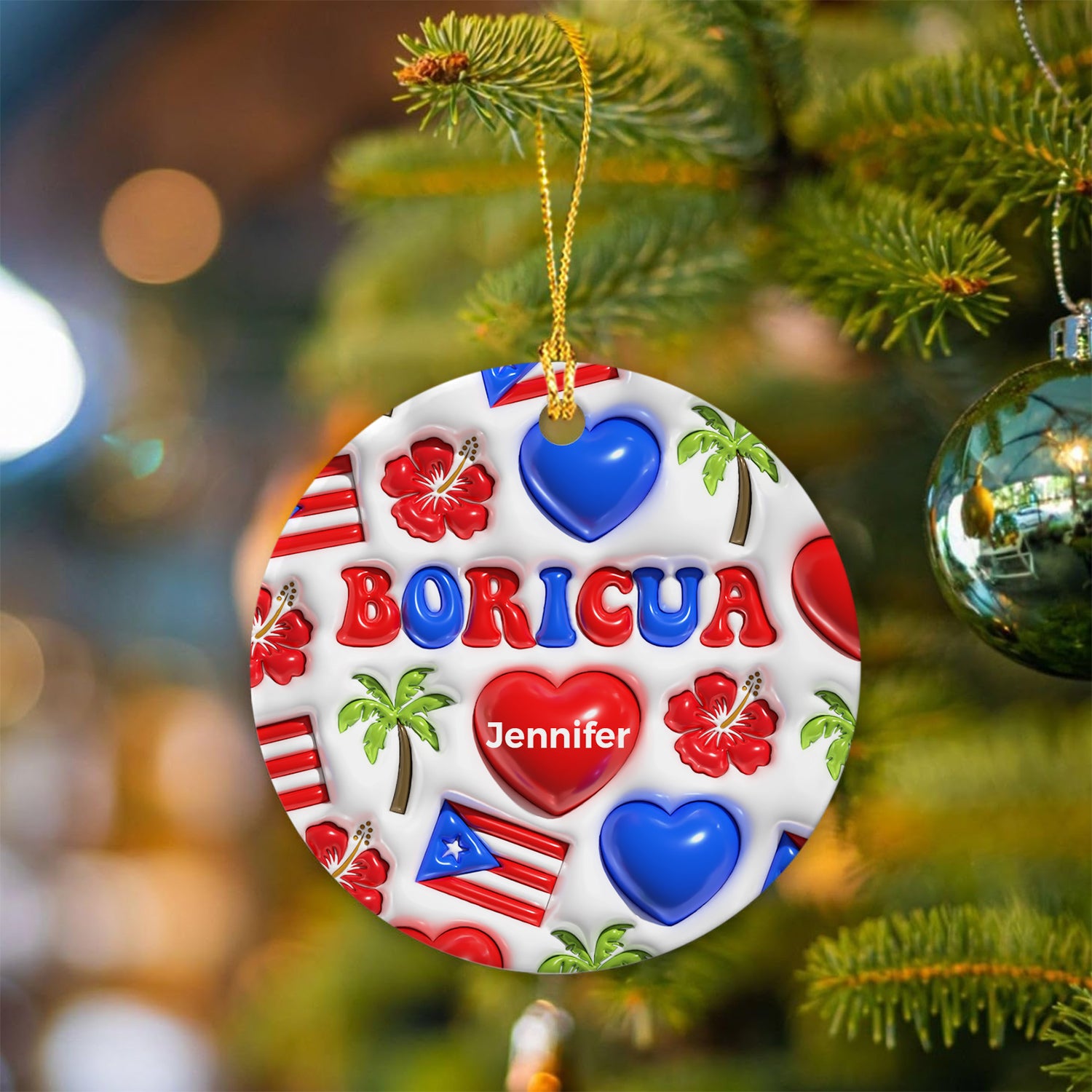 Custom Puerto Rico Boricua Ornament With Heart Symbols