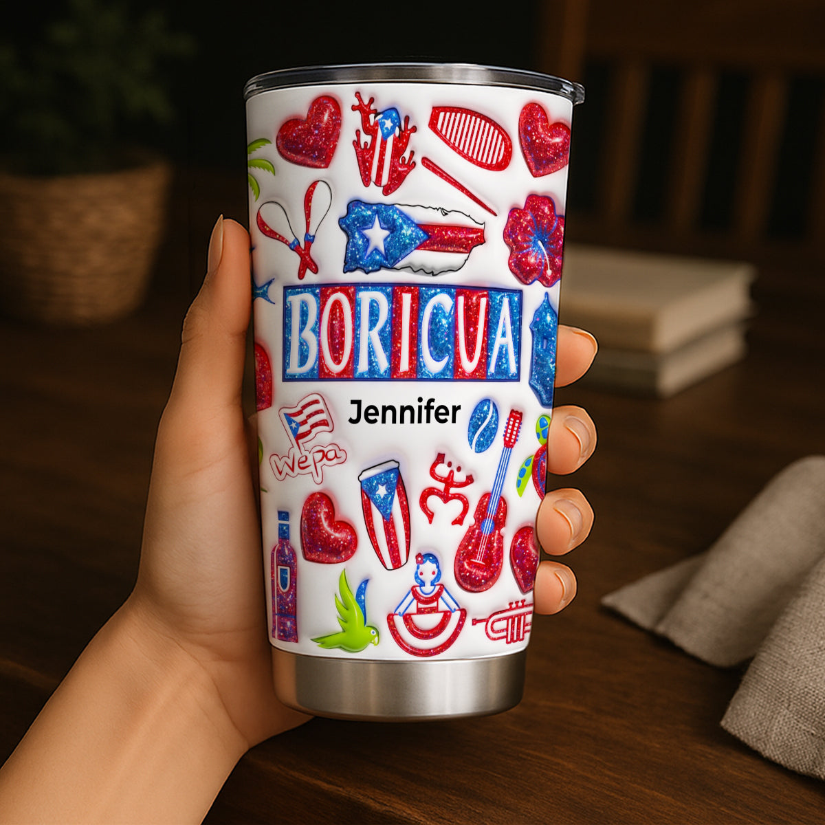 Custom Boricua Tumbler With Your Name With Glitter Effect Print