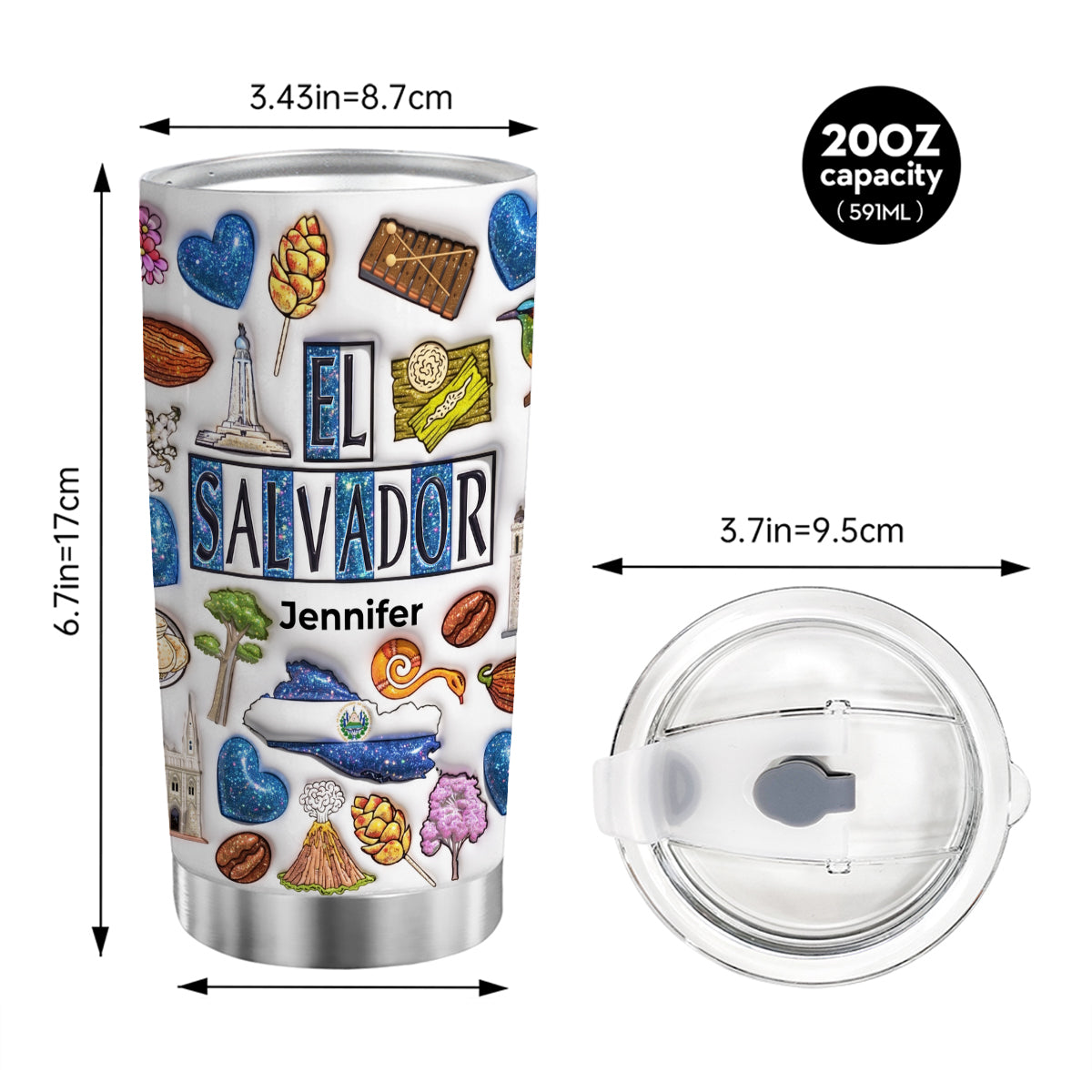 Custom El Salvador Tumbler With Your Name With Glitter Effect Print