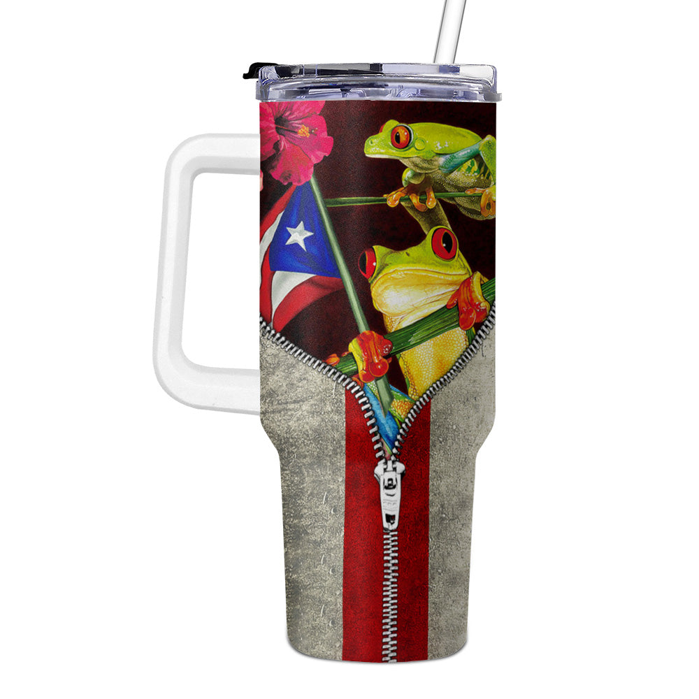 Personalized Puerto Rico 40oz Tumbler With Straw Frog Zipper Flag
