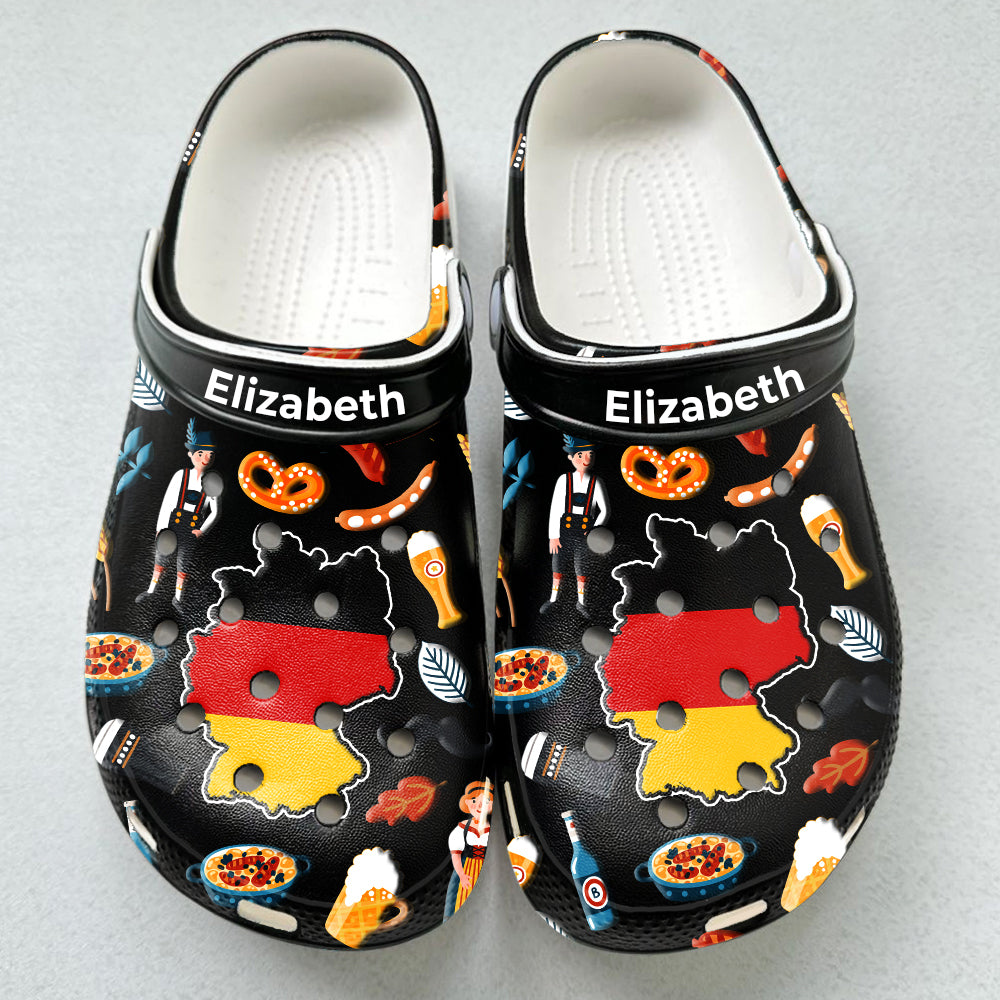 Germany Customized Clogs Shoes With German Flag And Symbols Black Background