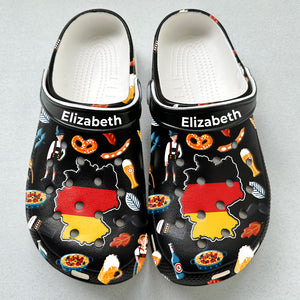 Germany Customized Clogs Shoes With German Flag And Symbols Black Background