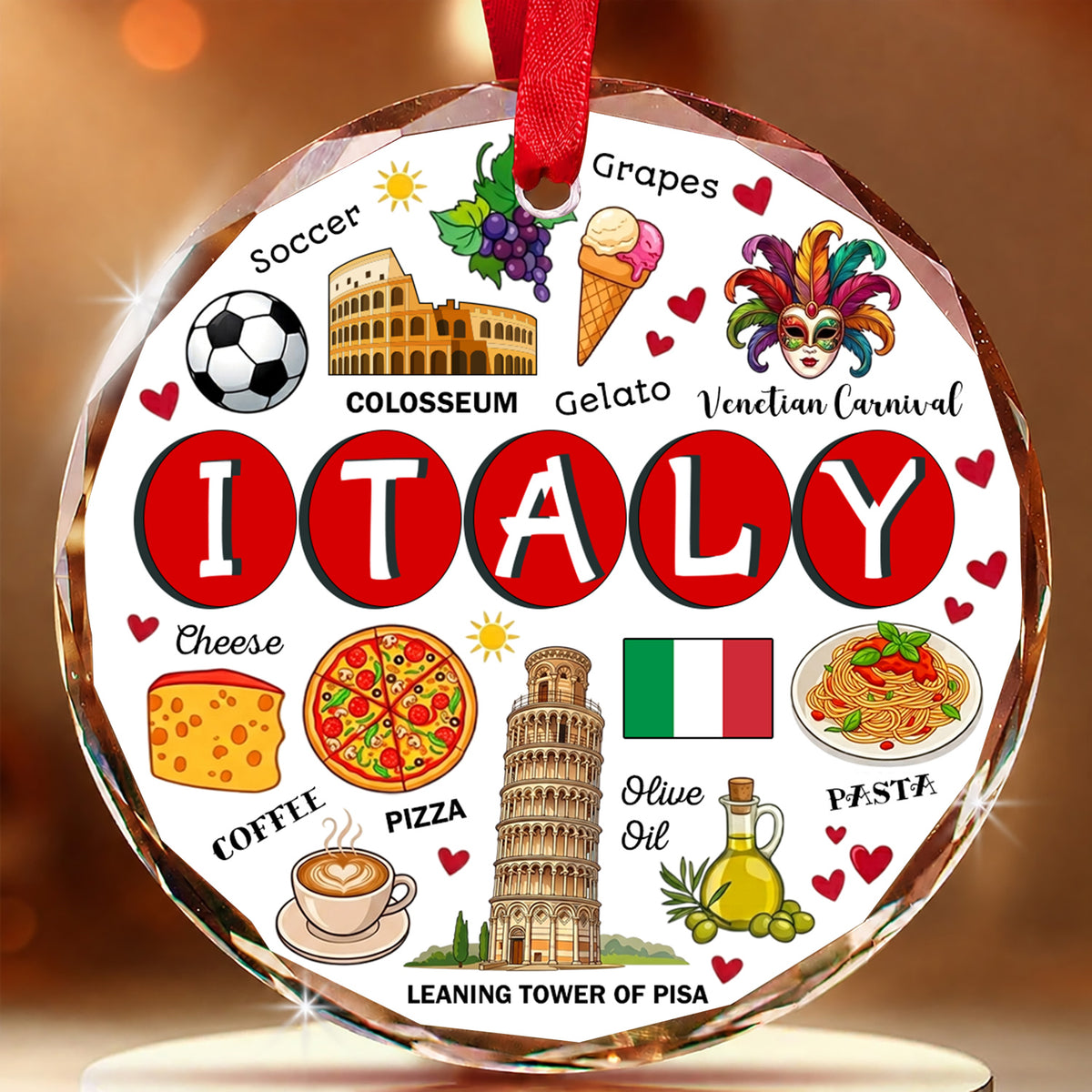 Italy Circle Glass Ornament With Symbols Around