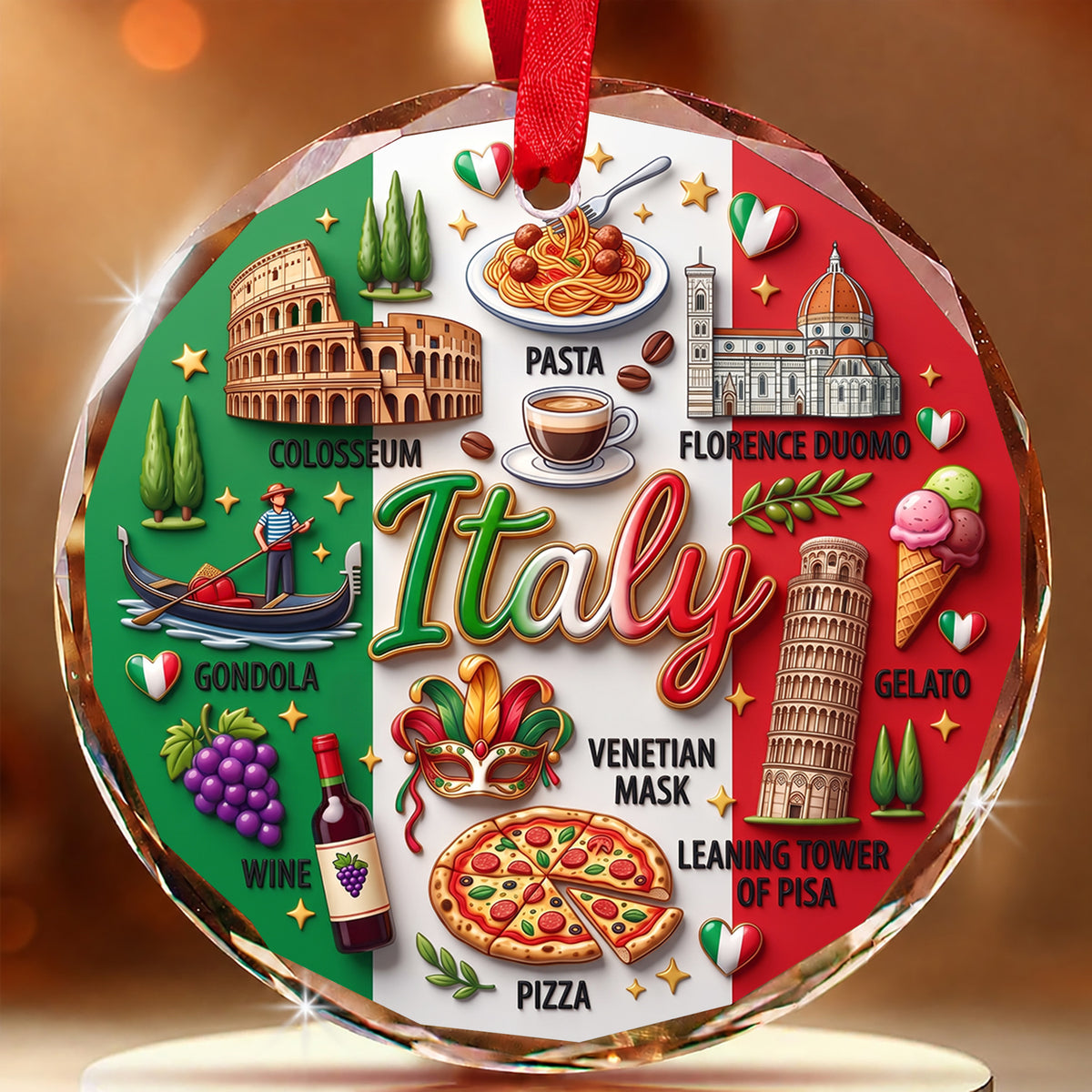 Italy Glass Ornament With 2D Print Symbols