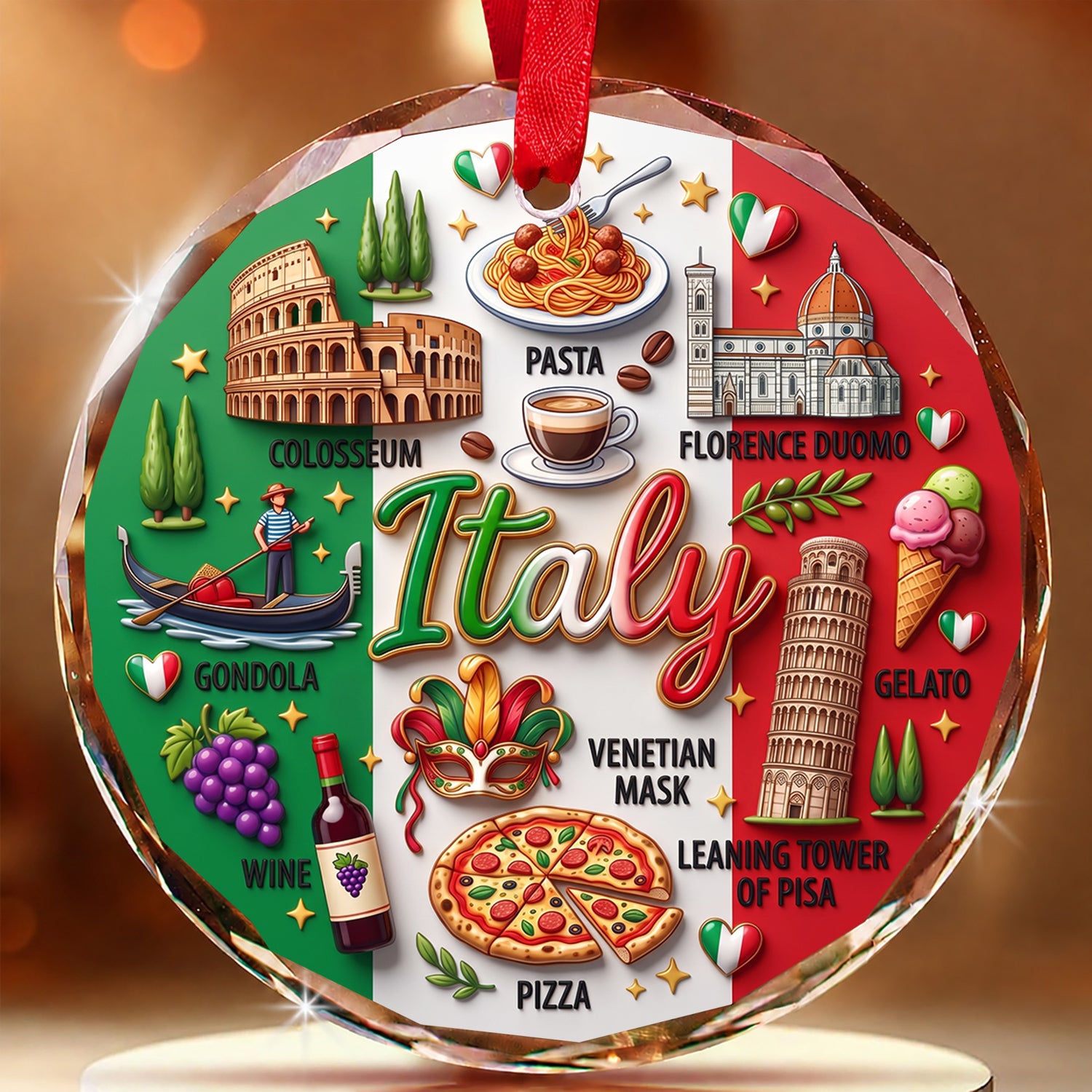 Italy Glass Ornament With 2D Print Symbols