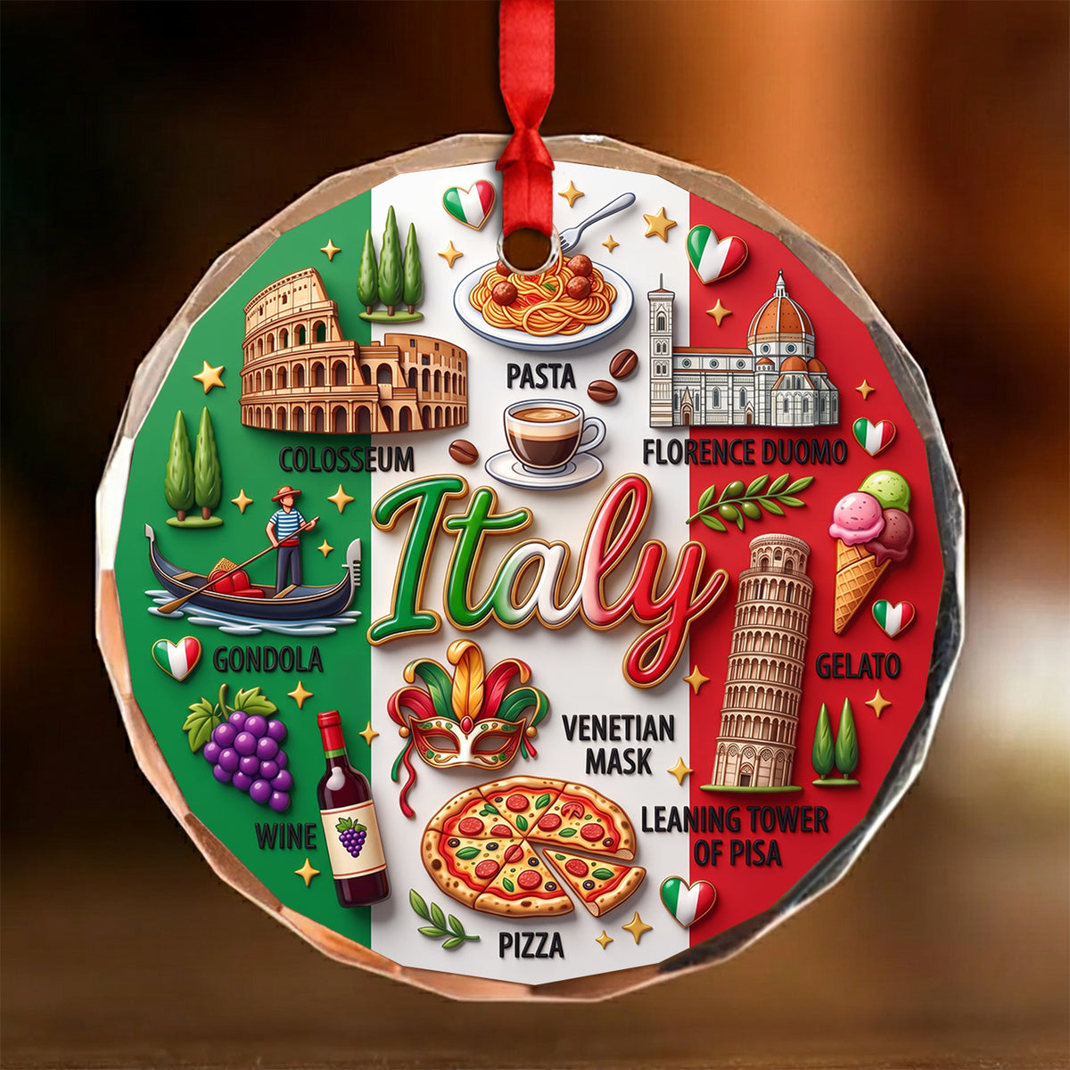 Italy Glass Ornament With 2D Print Symbols