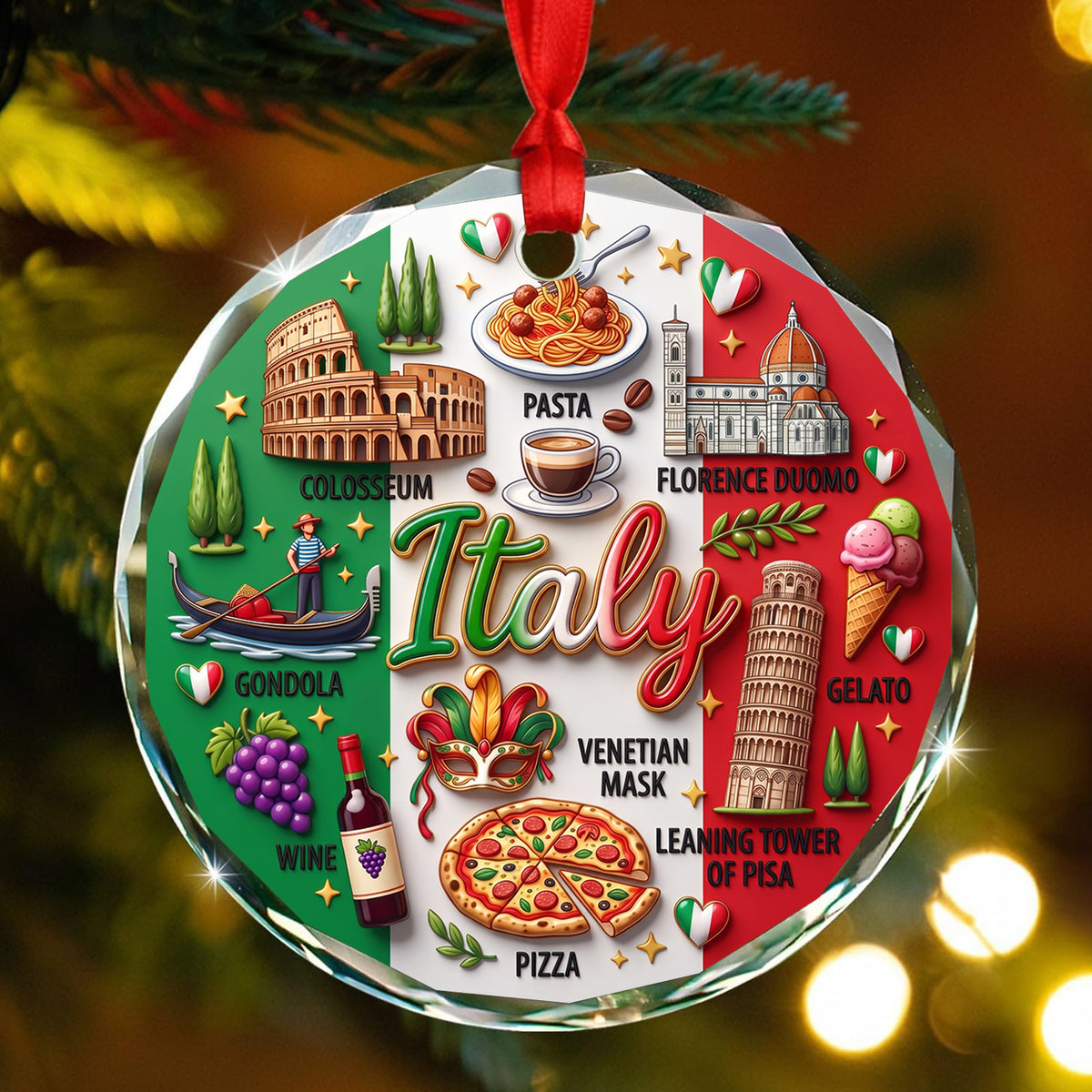 Italy Glass Ornament With 2D Print Symbols