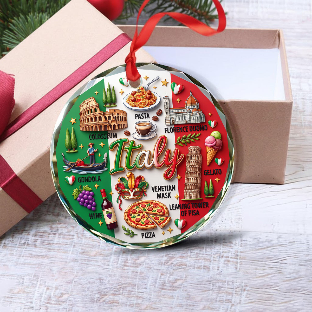 Italy Glass Ornament With 2D Print Symbols