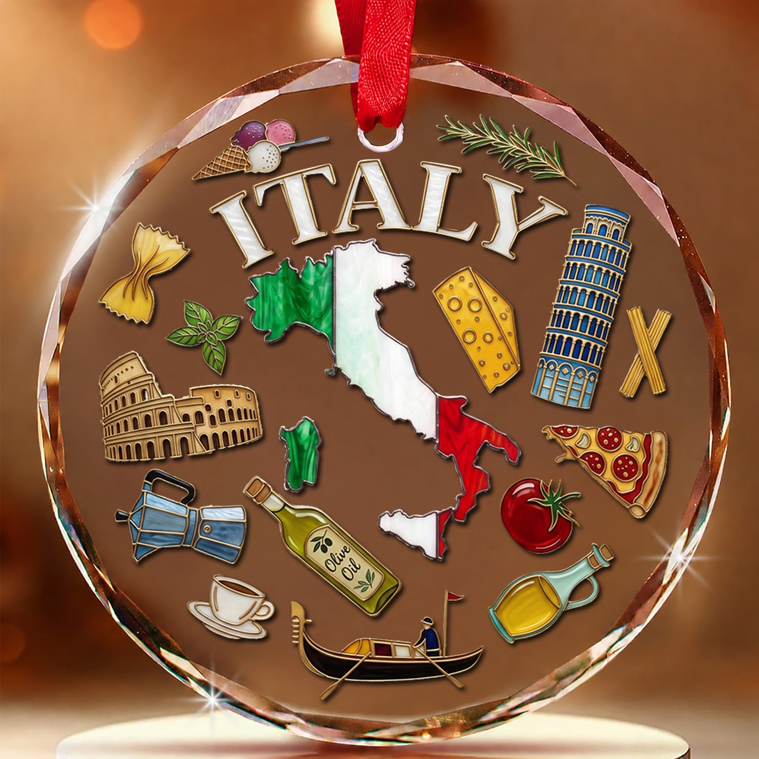 Italy Map Symbols Circle Glass Ornament 3D Effect
