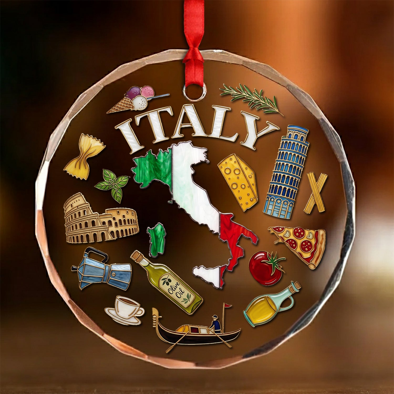 Italy Map Symbols Circle Glass Ornament 3D Effect