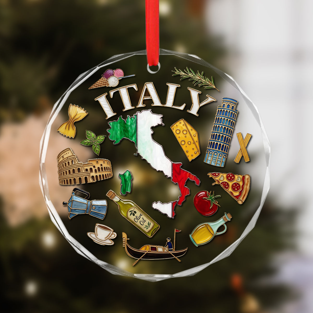 Italy Map Symbols Circle Glass Ornament 3D Effect
