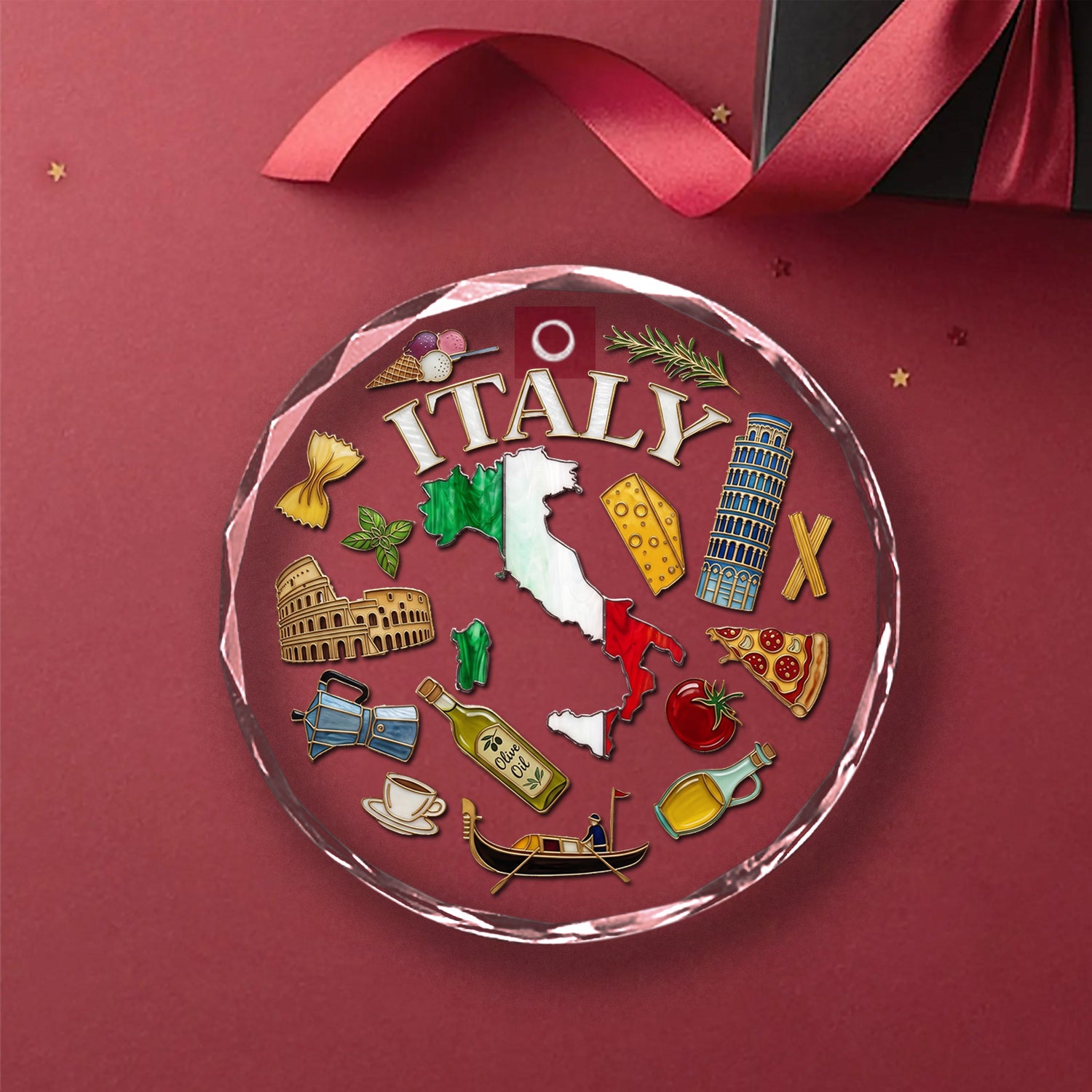 Italy Map Symbols Circle Glass Ornament 3D Effect