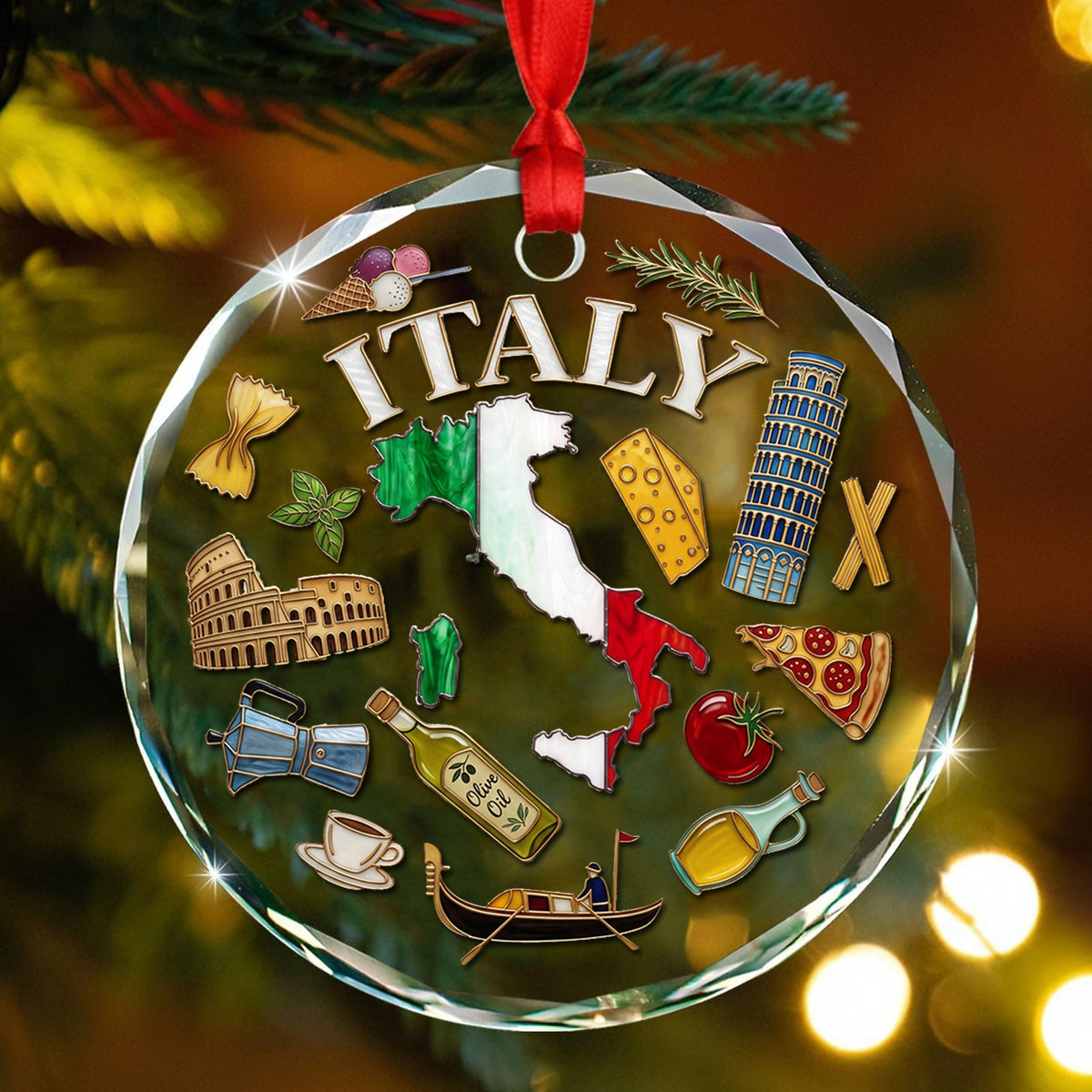 Italy Map Symbols Circle Glass Ornament 3D Effect