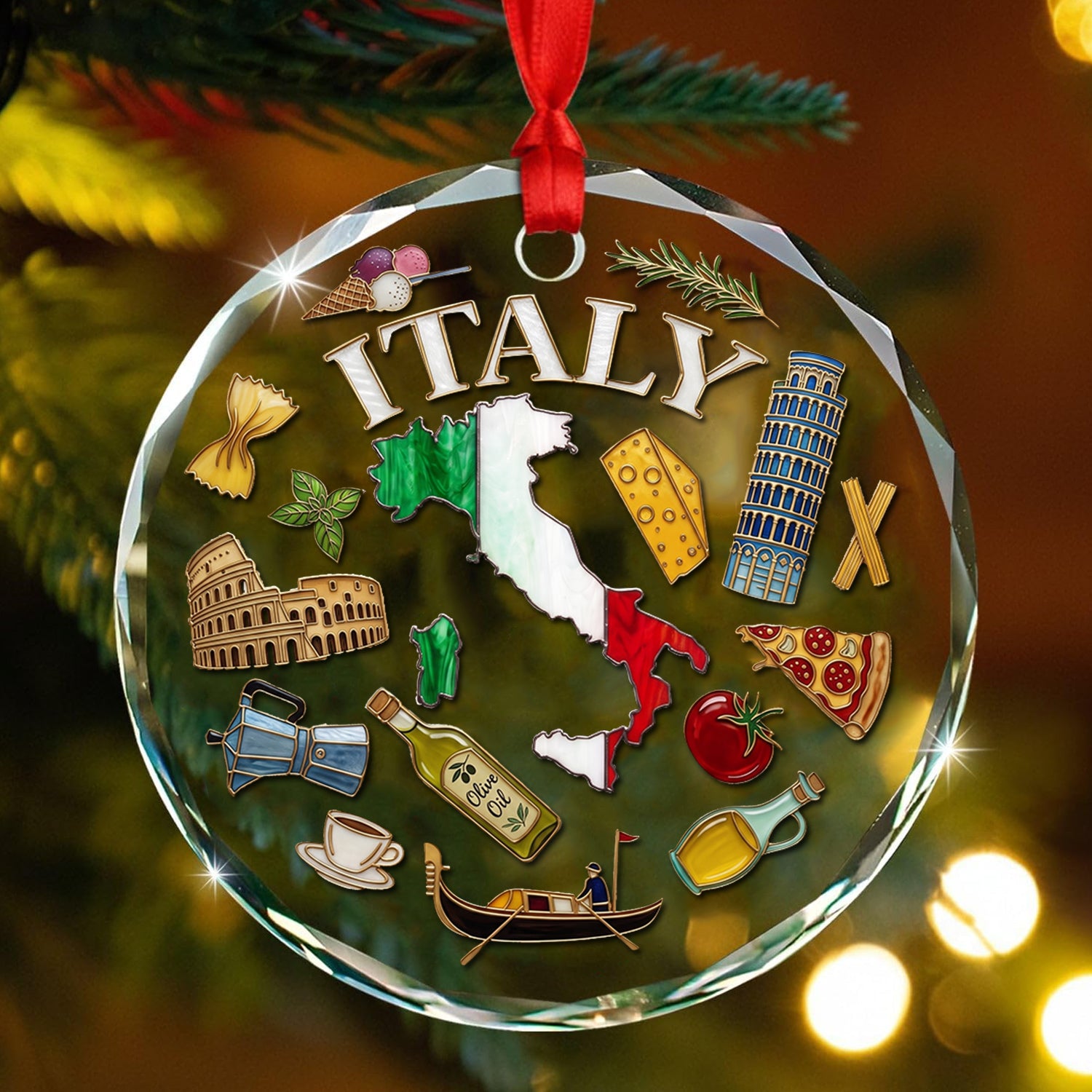 Italy Map Symbols Circle Glass Ornament 3D Effect