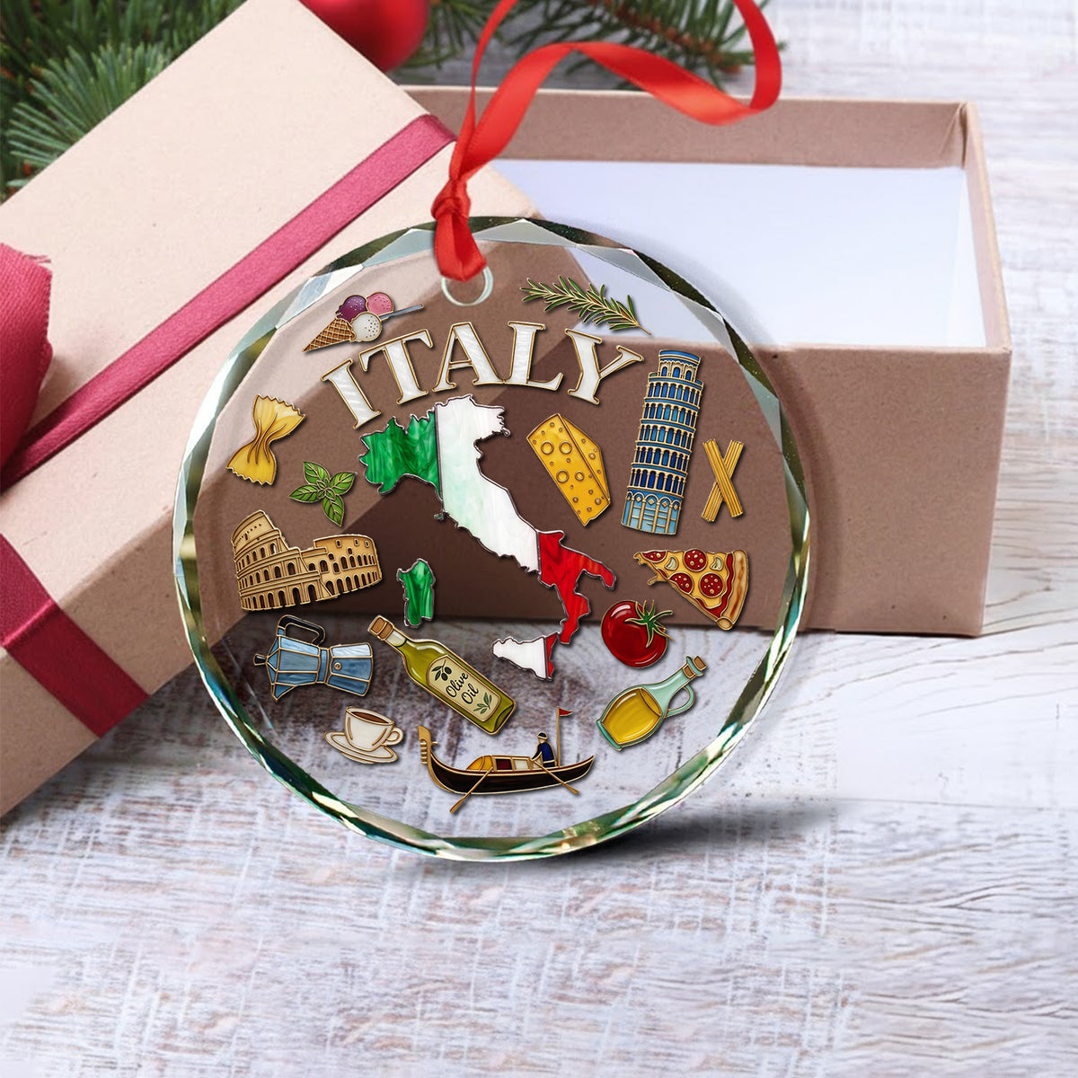 Italy Map Symbols Circle Glass Ornament 3D Effect