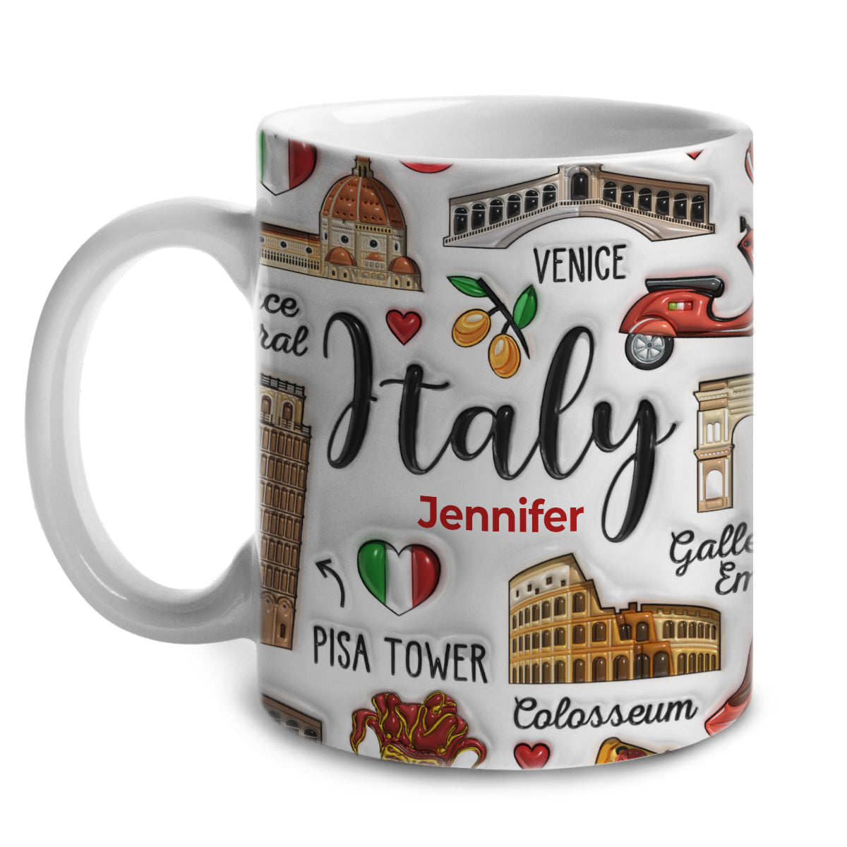 Close-up of personalized Italy coffee mug with Jennifer name, featuring Colosseum, Pisa Tower, Venice bridge