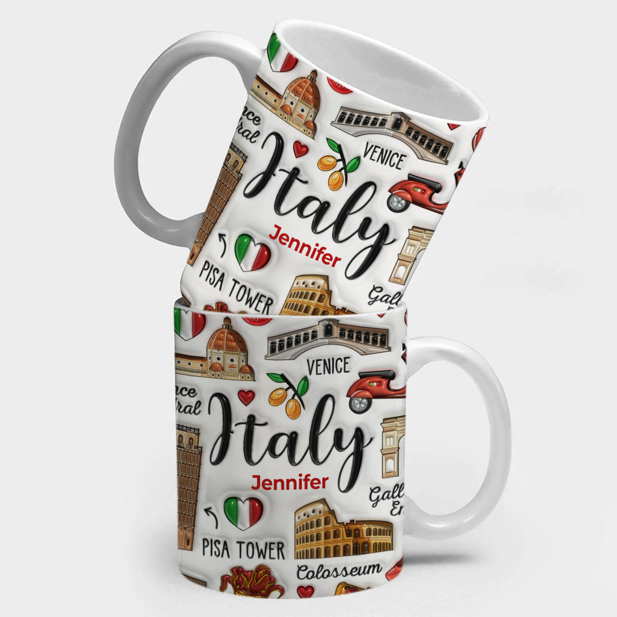 Stacked personalized Italy coffee mugs with Jennifer name and colorful Italian landmark illustrations