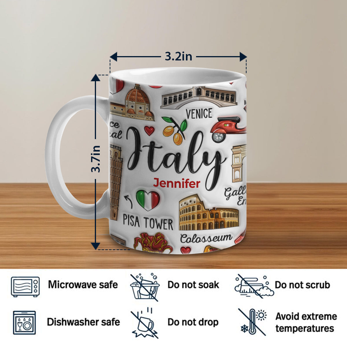Personalized Italy coffee mug with Jennifer name, Italy landmarks design, size 3.2x3.7 inches, microwave and dishwasher safe