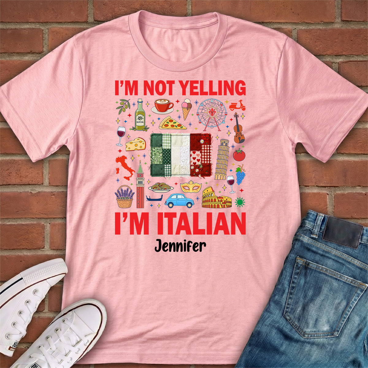 Custom I'm Italian T-shirt With Flag Faux Patchwork Effect
