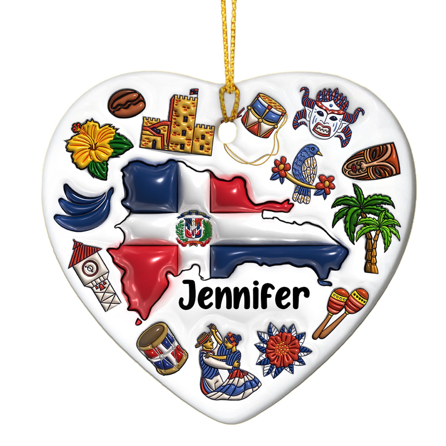 Custom Dominican Republic Heart Ornament With Many Symbols