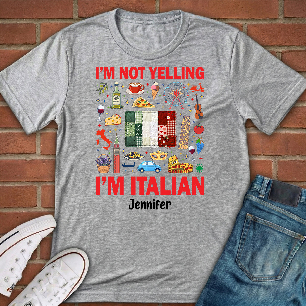 Custom I'm Italian T-shirt With Flag Faux Patchwork Effect