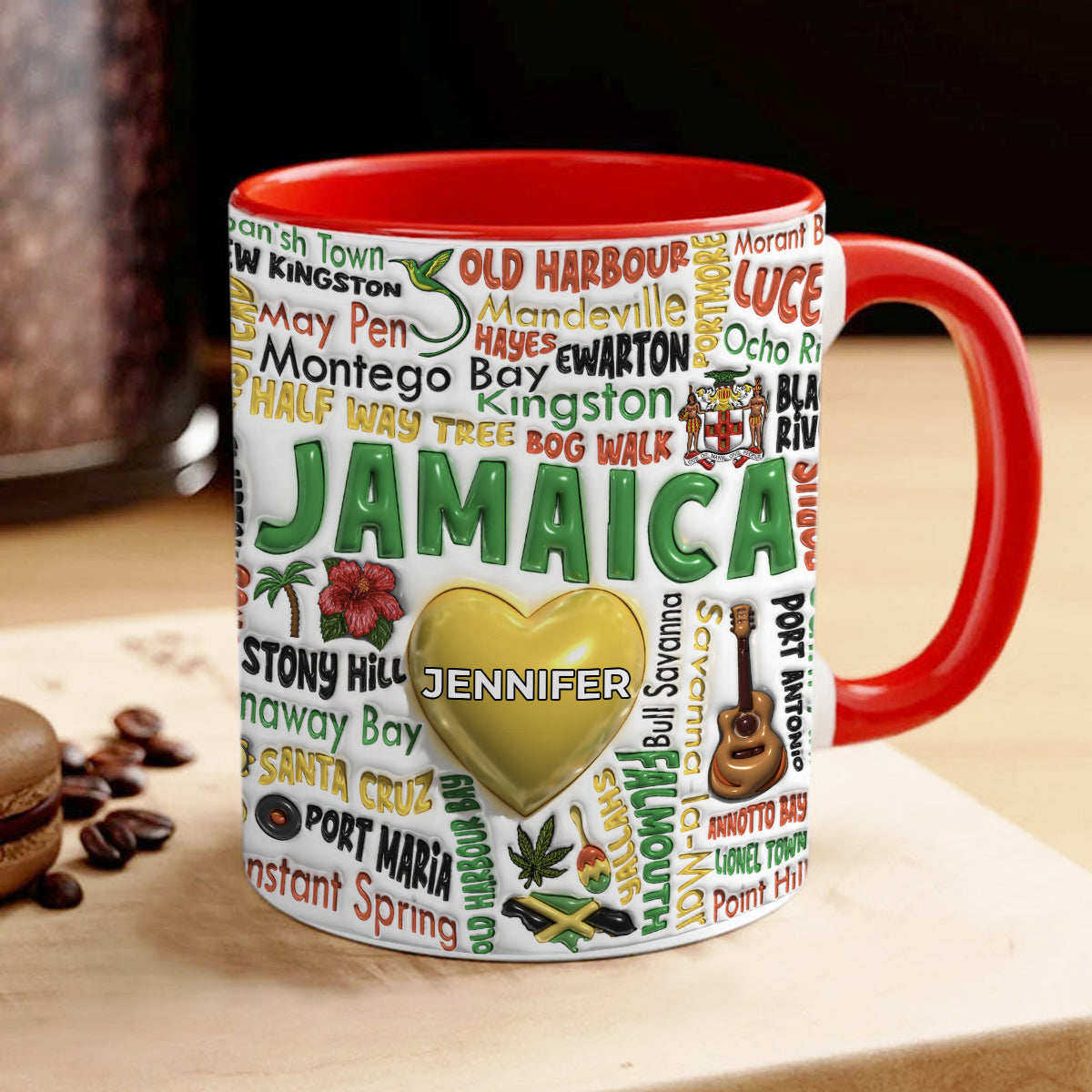 Custom Jamaica Accent Mug With Cities, Map, Heart And Your Name