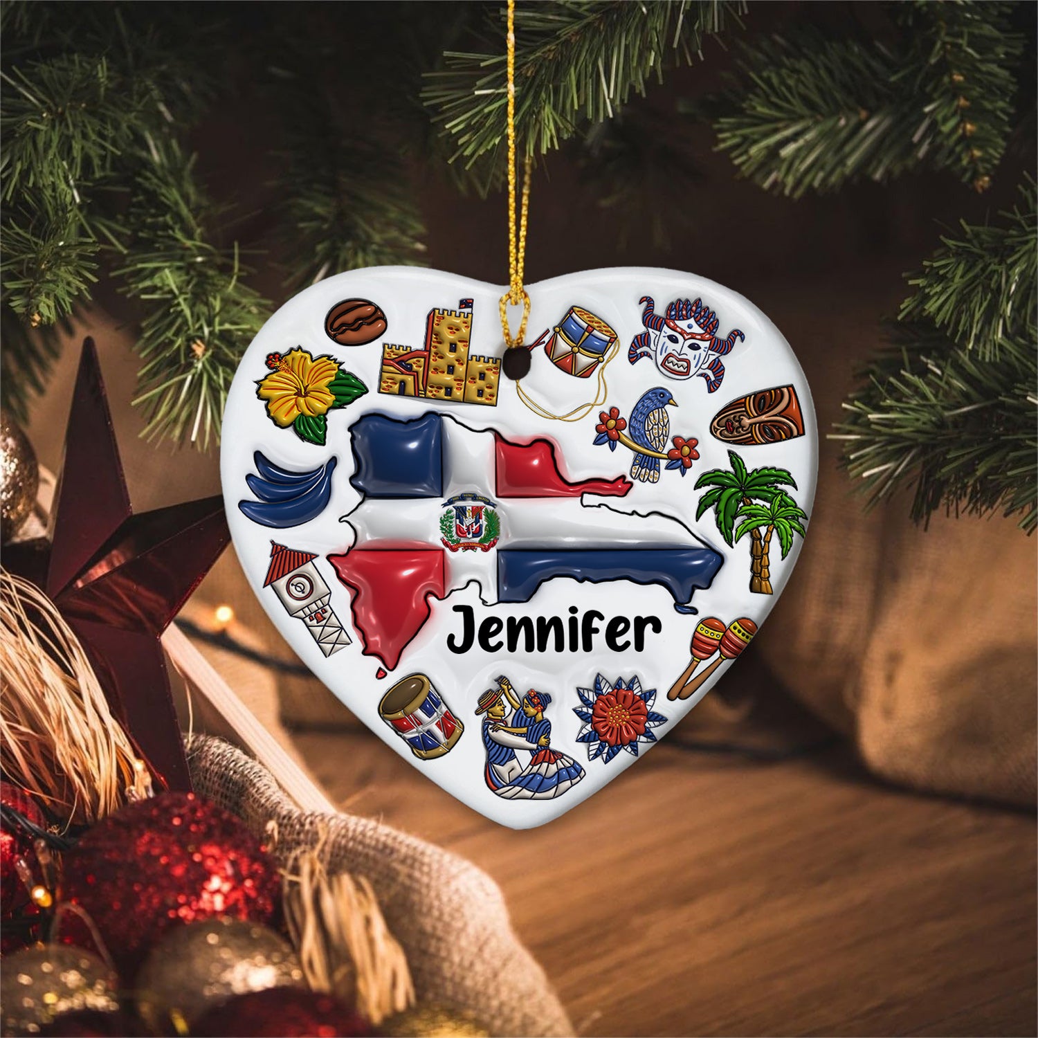 Custom Dominican Republic Heart Ornament With Many Symbols