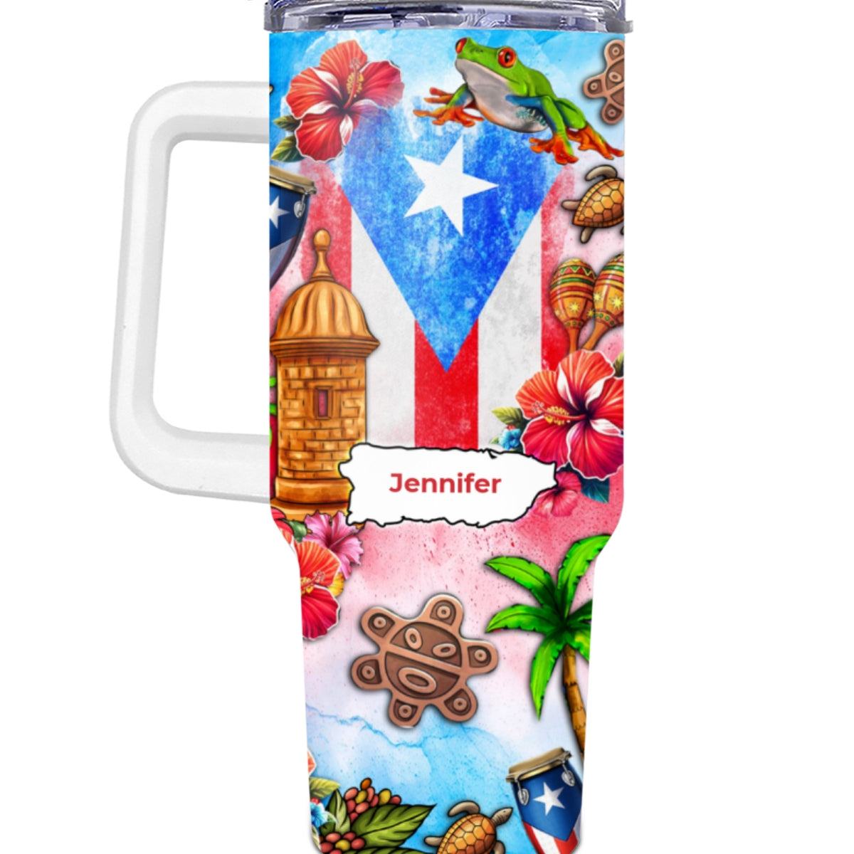 Custom Puerto Rico Tumbler 40oz With Water Color Background, Symbols