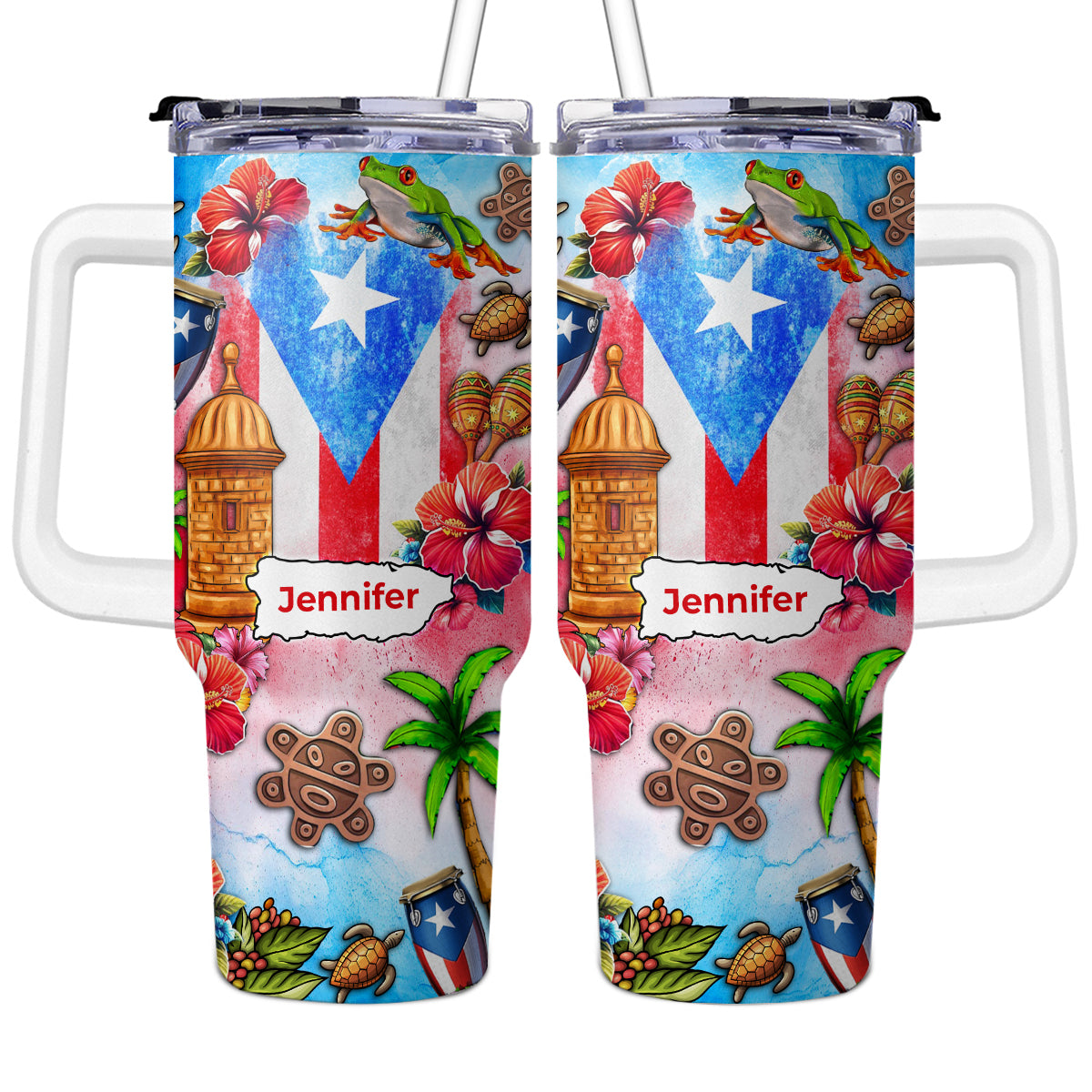 Custom Puerto Rico Tumbler 40oz With Water Color Background, Symbols