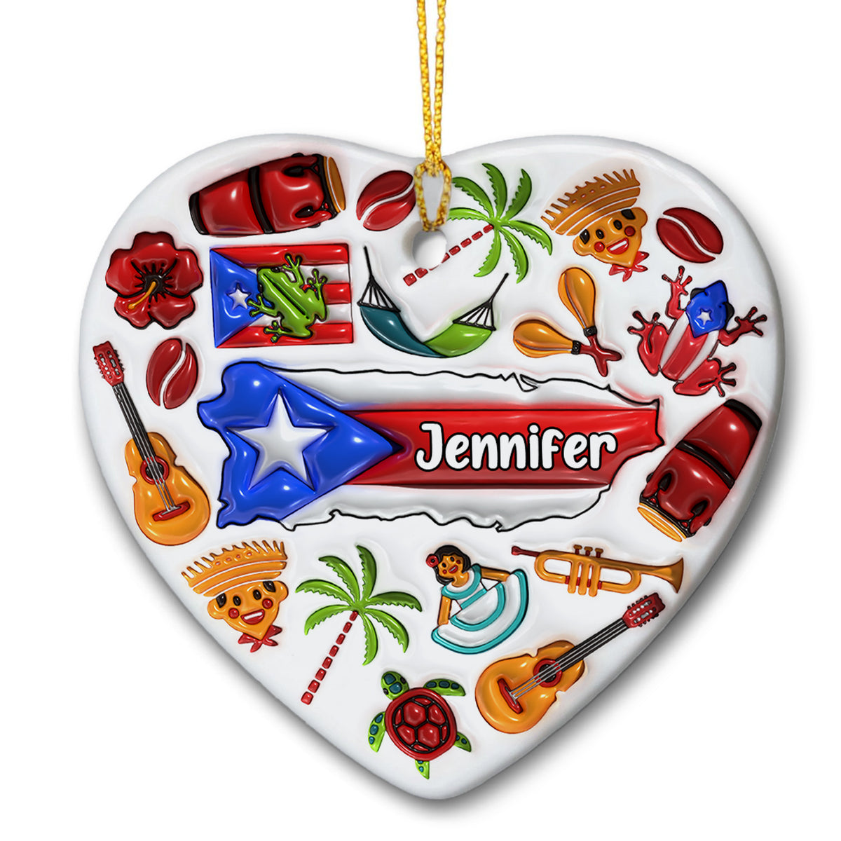 Custom Puerto Rico Heart Ornament With Many Symbols