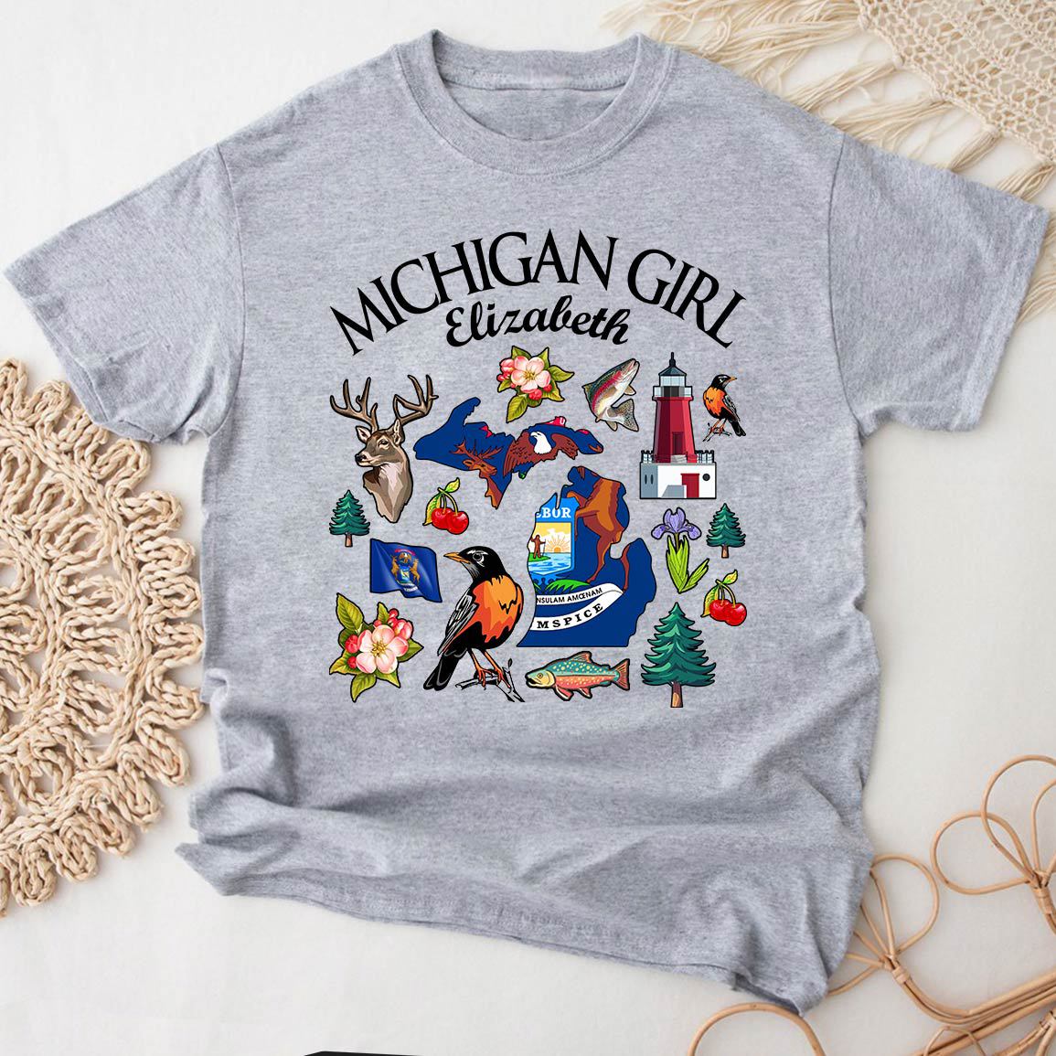 Customized Michigan Girl T-shirt With Symbols And Name