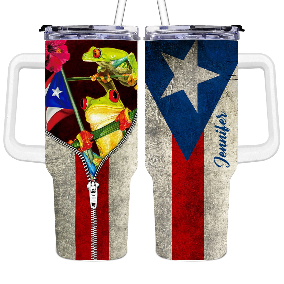 Personalized Puerto Rico 40oz Tumbler With Straw Frog Zipper Flag