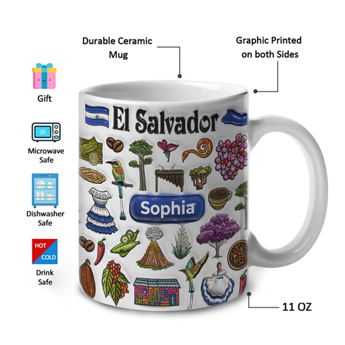 Custom El Salvador Mug With El Salvador Symbols, Name