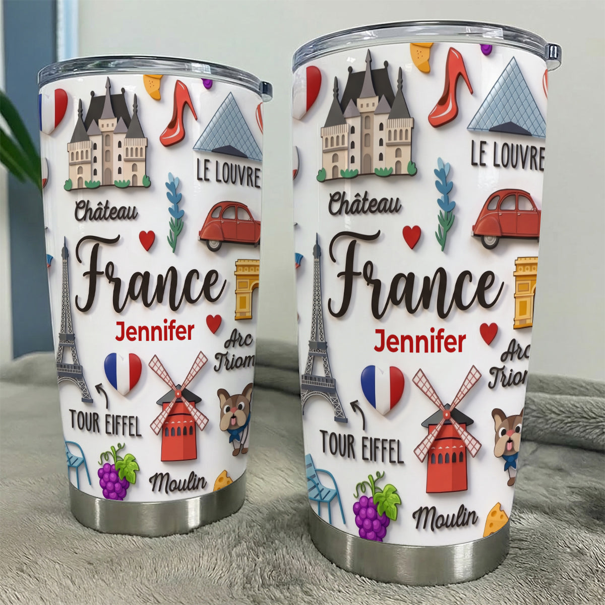 France Tumbler With Custom Your Name Emboss Effect