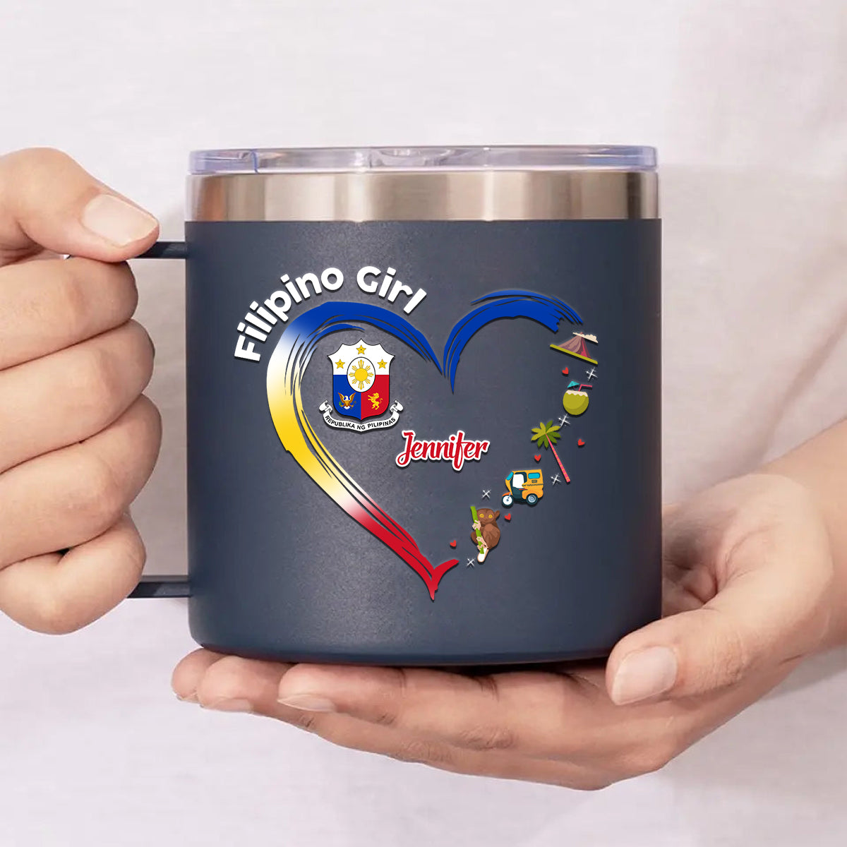 Filipino Girl Custom 14oz Stainless Steel Tumbler With Handle
