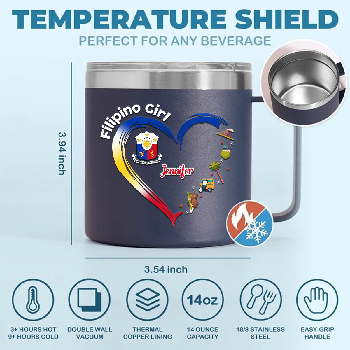 Filipino Girl Custom 14oz Stainless Steel Tumbler With Handle