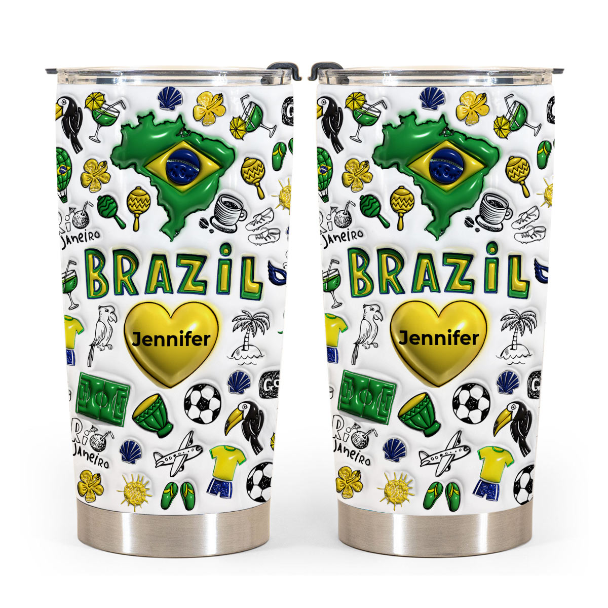 Custom Brazil Symbols Tumbler With Name On Heart 