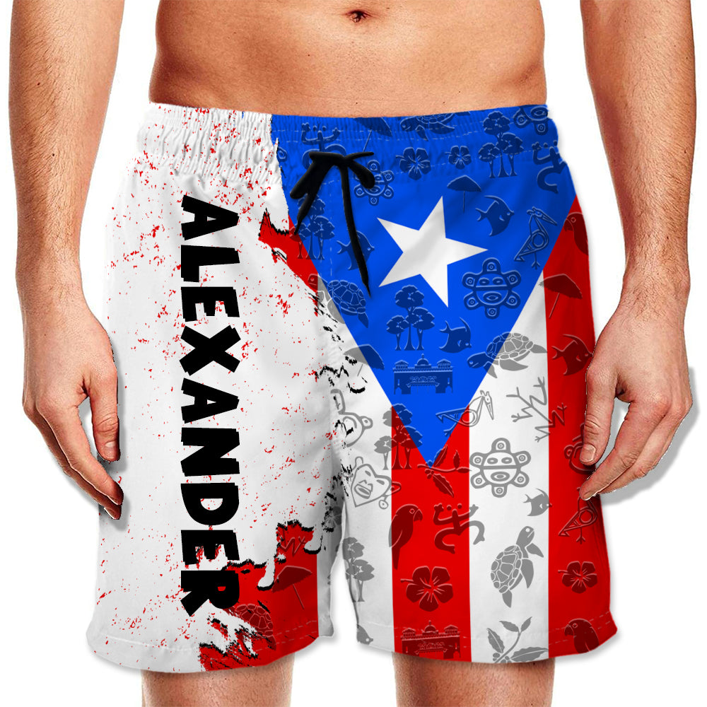 Puerto Rico Half Flag With Grunge Brush Men&#39;s Personalized Beach Shorts