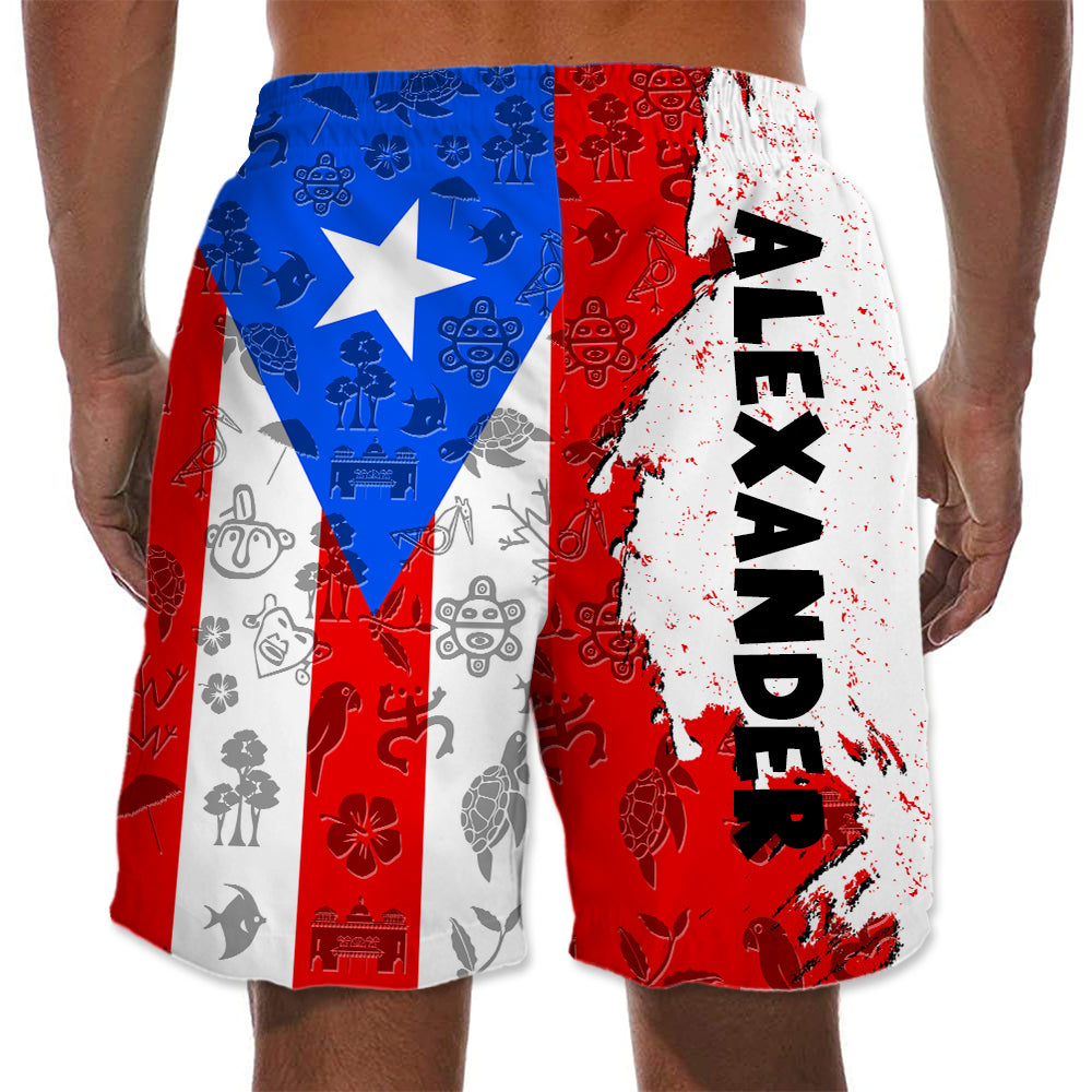 Puerto Rico Half Flag With Grunge Brush Men's Personalized Beach Shorts