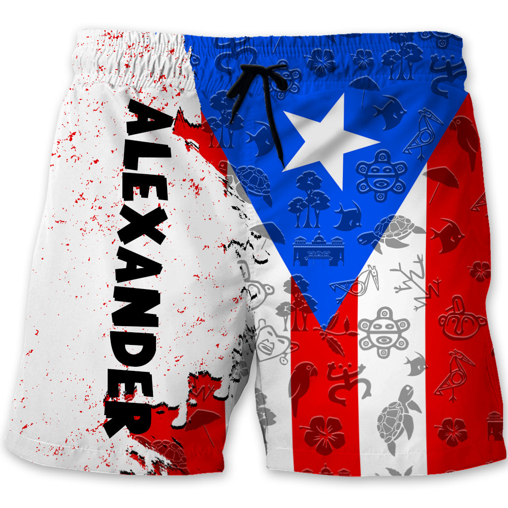 Puerto Rico Half Flag With Grunge Brush Men's Personalized Beach Shorts