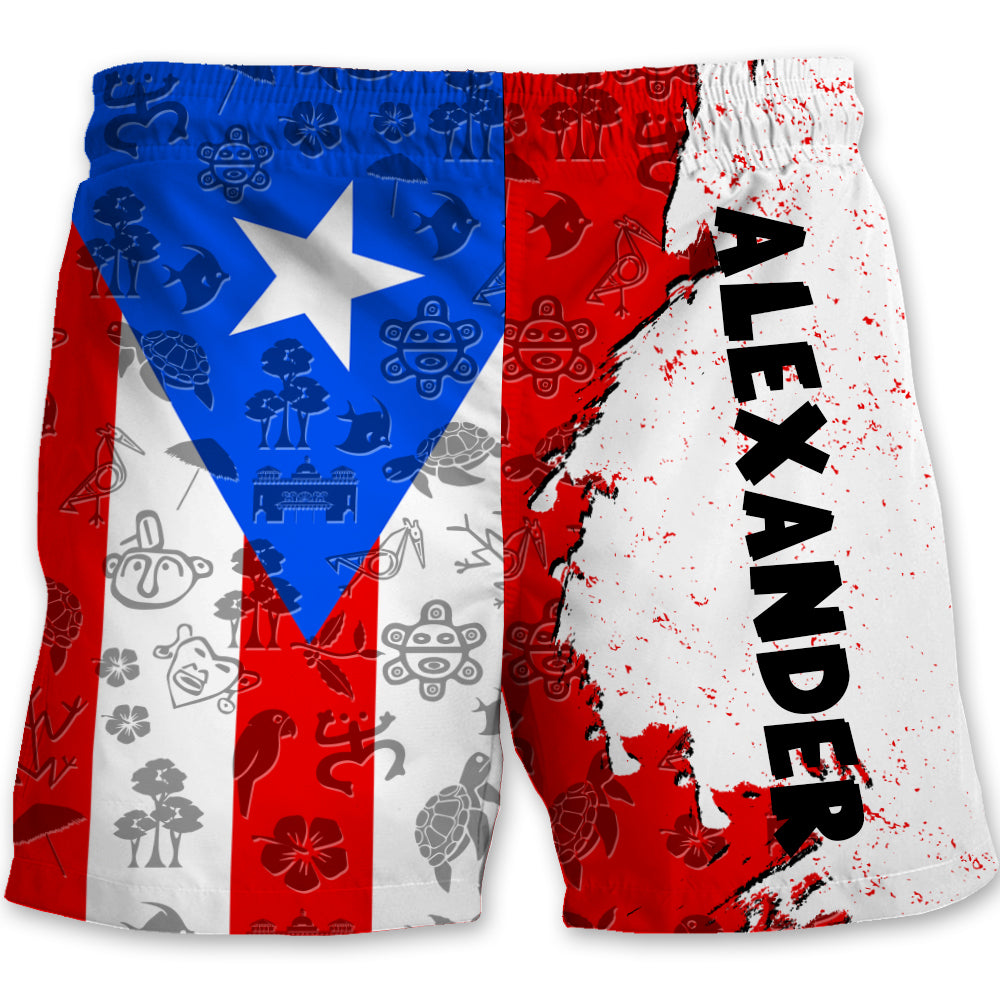 Puerto Rico Half Flag With Grunge Brush Men's Personalized Beach Shorts