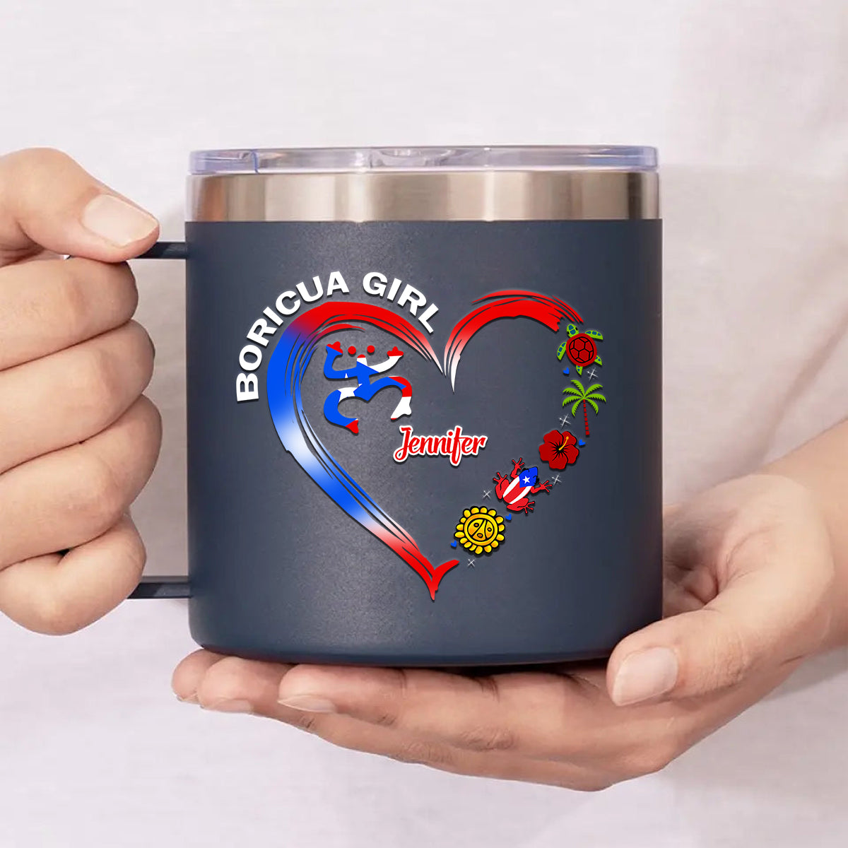 Boricua Puerto Rican Girl Custom 14oz Stainless Steel Tumbler With Handle